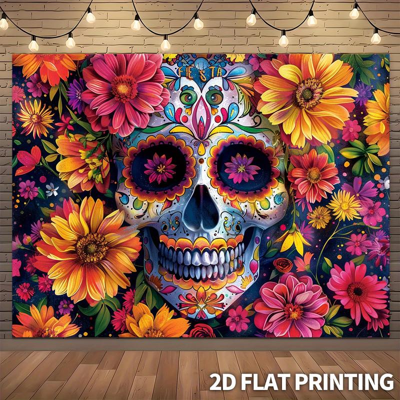 1pc Large Sugar Skull Floral Party Banner - Vibrant Mexican Day of the Dead Decoration with Floral Patterns, Extra Long Backdrop for Halloween, Dia de los Muertos, Wedding, Birthday, Home Decor - Easy Hang No Electricity Needed - Durable Polyester Fabric,