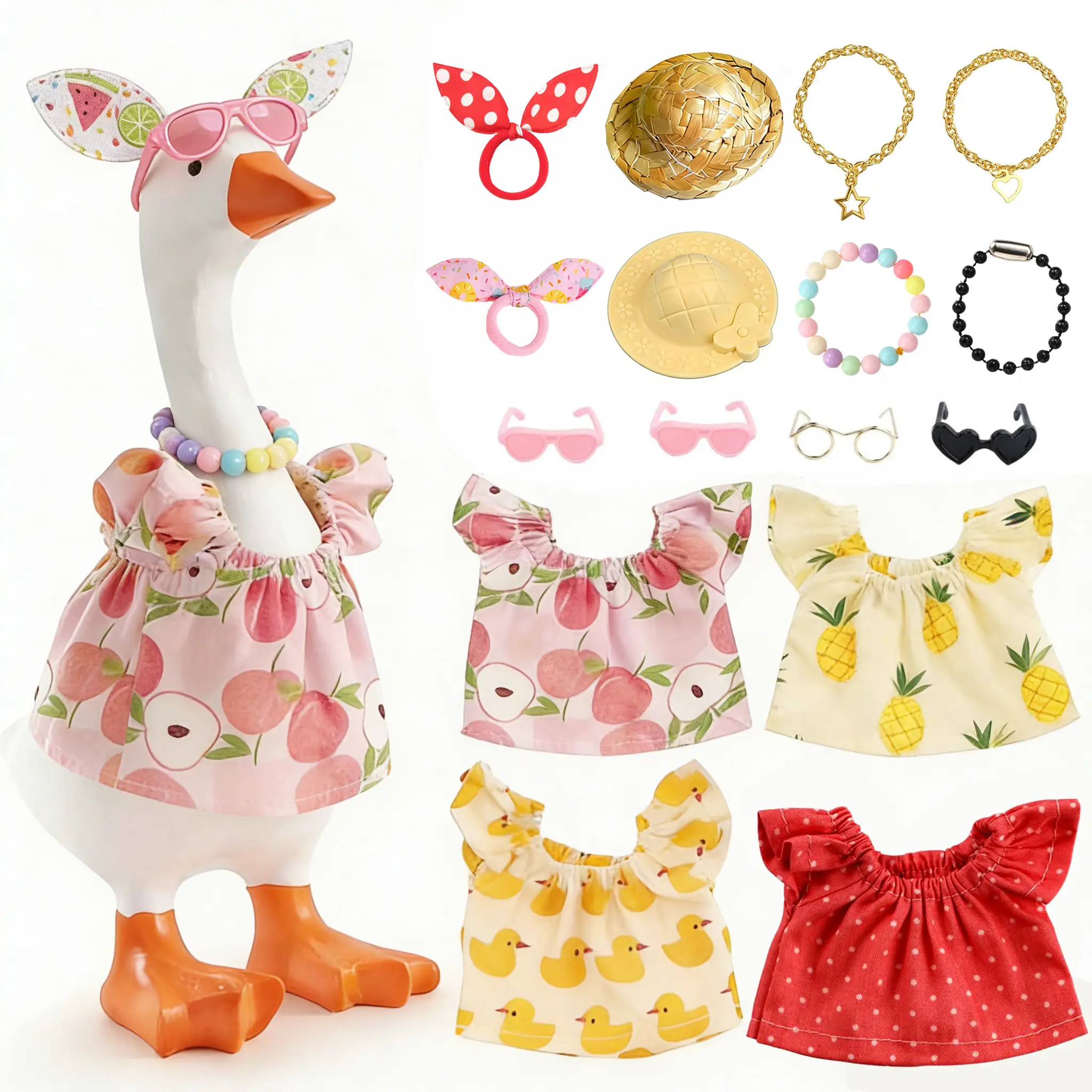 4 Set 7inch Desk Goose Outfits, Mini Desktop Goose Clothes Desk Gooses Accessories Set for Magnetic Gooses Statue (Hat+Drees)