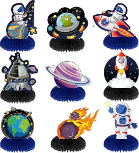 9 Pieces Outer Space Themed Honeycomb Centerpiece Outer Space Party Decorations Birthday Party Table Toppers Double Sided Table Decorations Planet Rocket Astronaut UFO Solar System Party Supplies