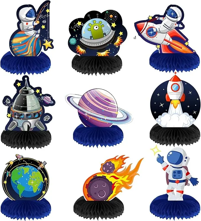 9 Pieces Outer Space Themed Honeycomb Centerpiece Outer Space Party Decorations Birthday Party Table Toppers Double Sided Table Decorations Planet Rocket Astronaut UFO Solar System Party Supplies