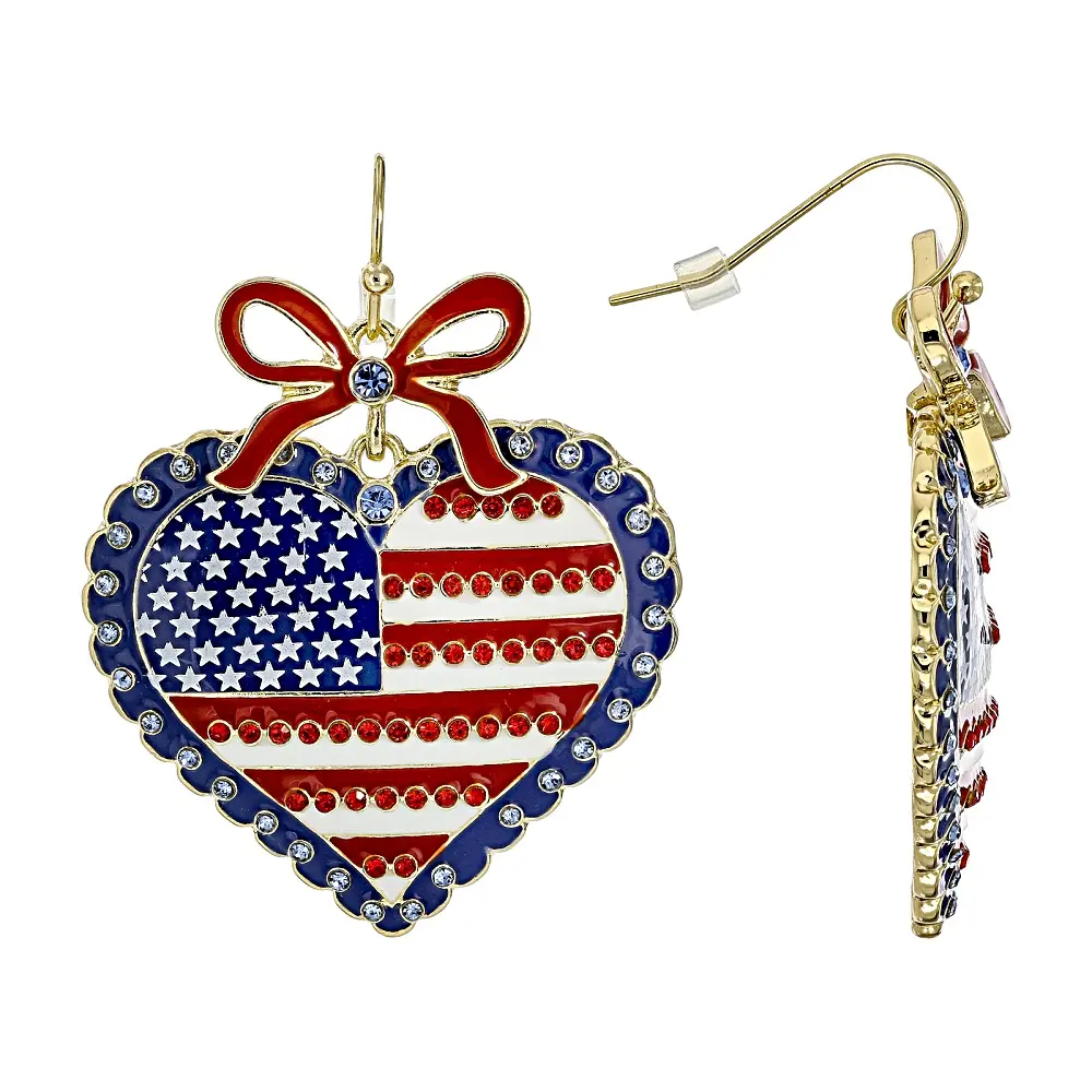 Patriotic Heart Dangle Earrings, Glamorous Gold-Tone Style with Multi-Color Enamel & Artificial Gemstones for US Pride & Nation Pride, Glamorous Artificial Gemstone Earrings, Adults, 1.45 Inches