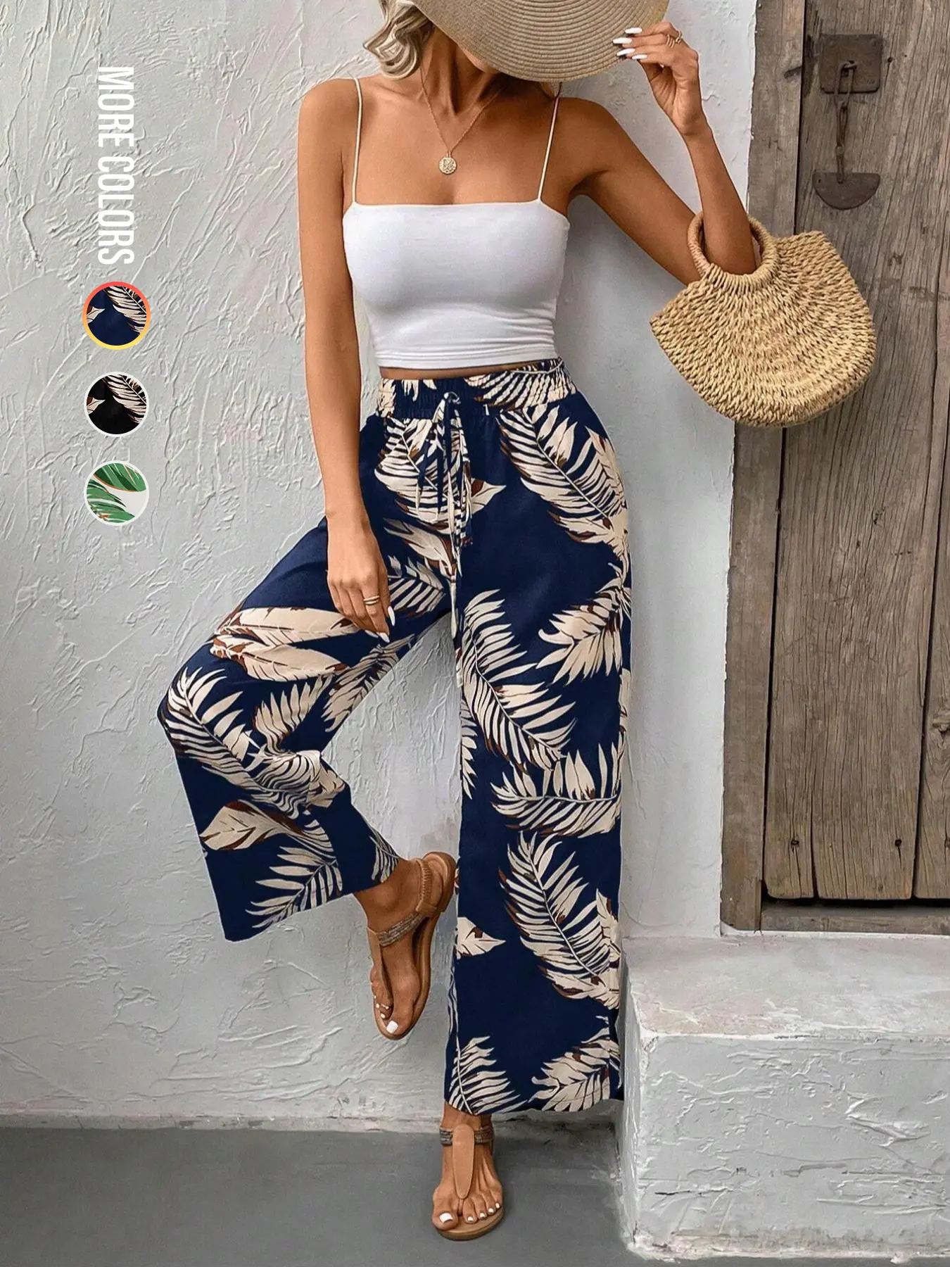 Women's French Plant Print Wide Leg Pants, Drawstring Palazzo, Casual Loose-Fit Summer Trousers, Elegant Front Knot Design, Moderate Fabric Thickness, Boho Chic Trousers, Bohemian Style Pants