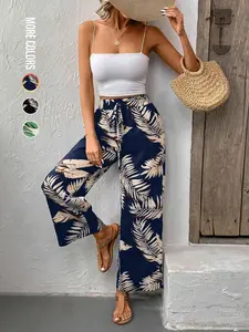 Women's French Plant Print Wide Leg Pants, Drawstring Palazzo, Casual Loose-Fit Summer Trousers, Elegant Front Knot Design, Moderate Fabric Thickness