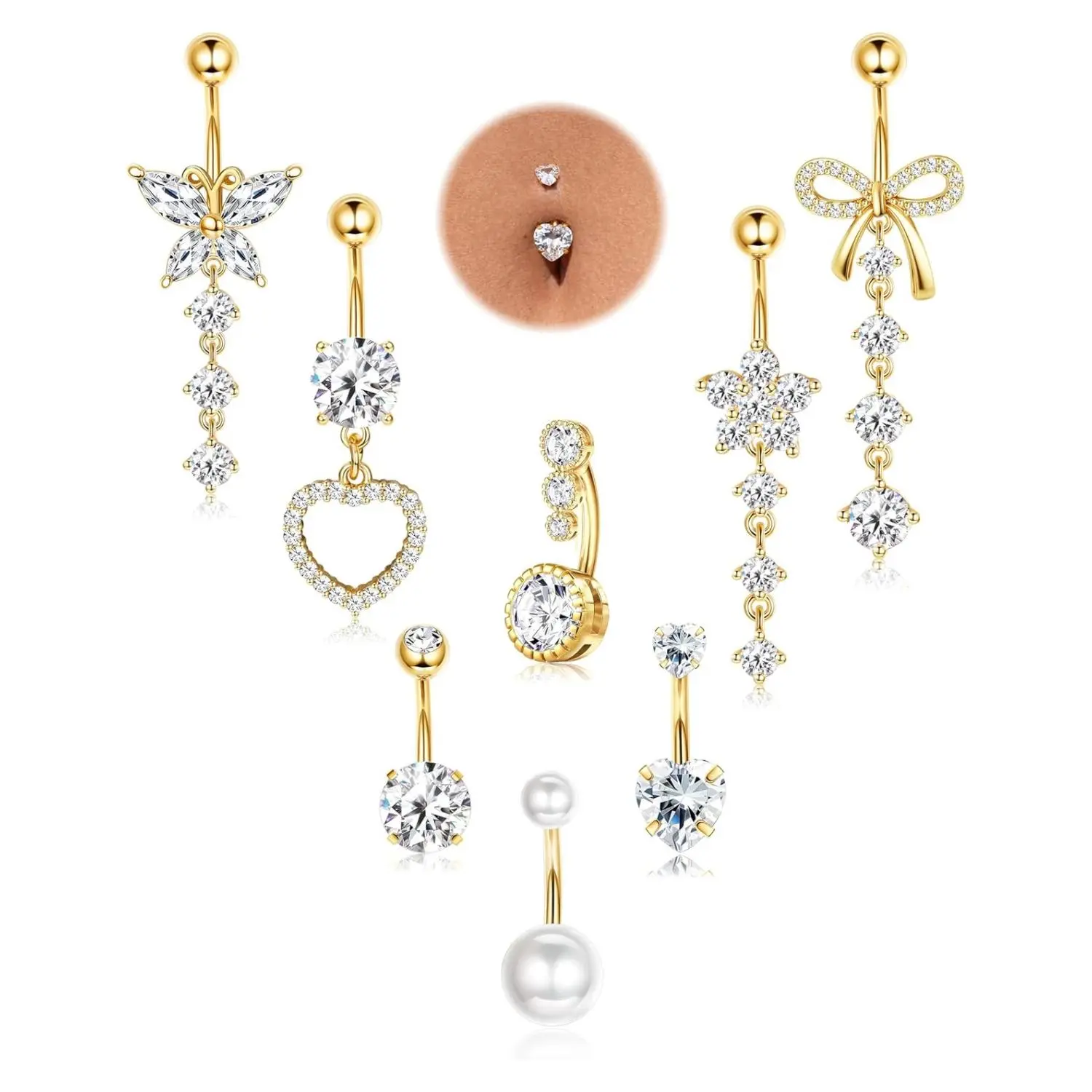 FIASASO 8 Pcs Belly Button Ring Dangle Hypoallergenic Surgical Stainless Steel Belly Rings for Women CZ Pearl Heart Butterfly Bow Flower Navel Piercing Jewelry Dangly Curved Navel Ring