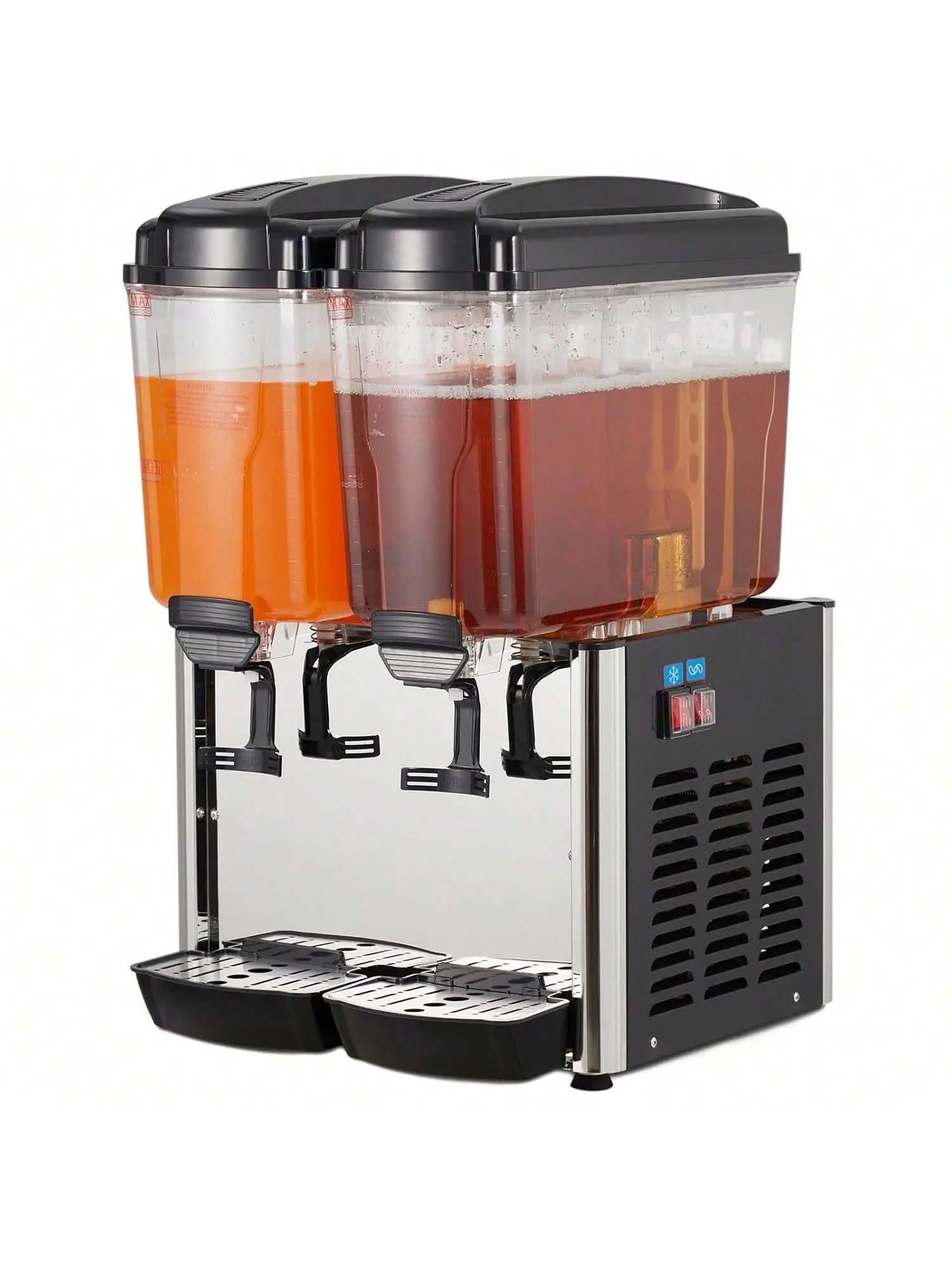 Commercial Stainless Steel Large-Capacity Beverage Dispenser - 36L (9.6 gal) Dual 18L/4.8 US gal Each Canisters, Compressor Cooling, Thermostatic Control (41 to 53.6°F), Durable Material, Removable Drip Tray, See Drink Levels for Hotels