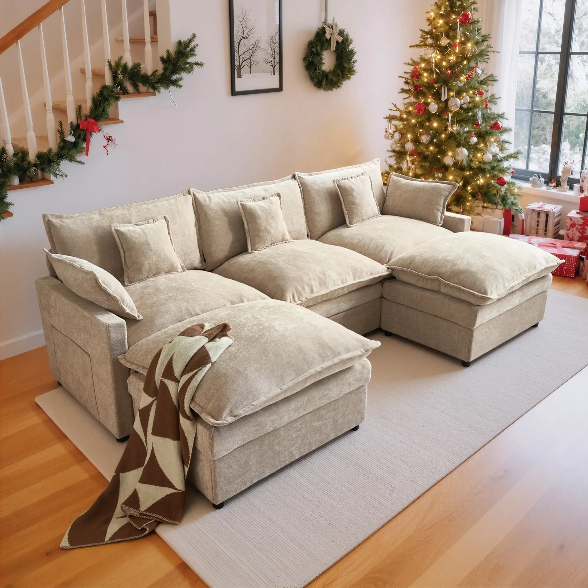 【2 Packages Shipping】 CAODOC 108" U- Shaped Modular Sectional Sofa - Comfy Cloud 3-Seater with 2 Movable Ottoman, Deep Seat Chenille Couch for Living Room, Beige Color,Comfort &  Stylish Design