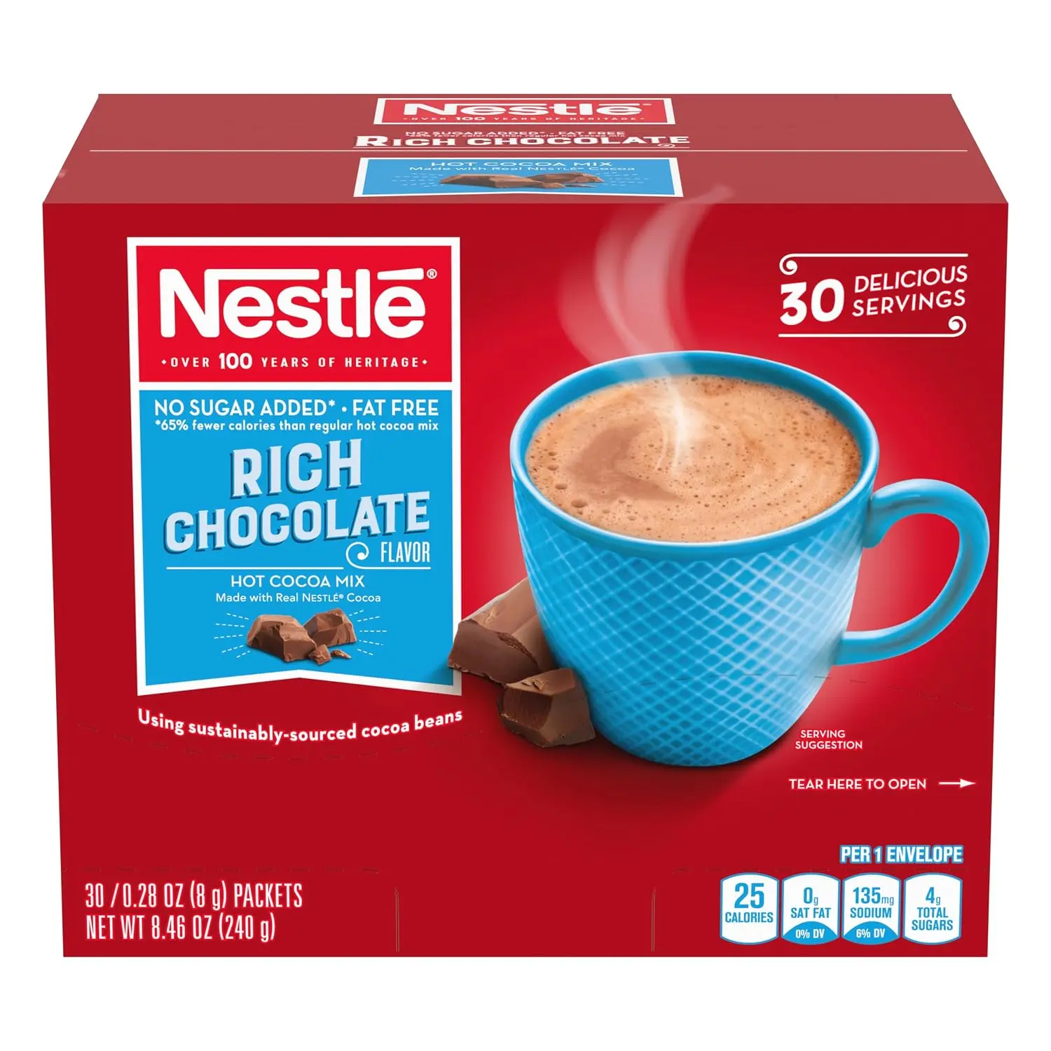 Nestlé Hot Chocolate Mix, No Sugar Added, Fat Free, Single Serve Packets, 30 Count