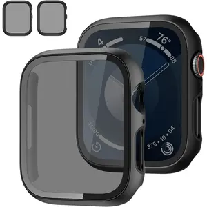 Privacy case for Apple Watch screen protector 45mm 41mm 44mm 40mm series 9 8 7 6 5 4 SE 2nd generation, PC hard face cover tempered glass + bumper for iWatch cover accessories, 2 pack 45mm black/black