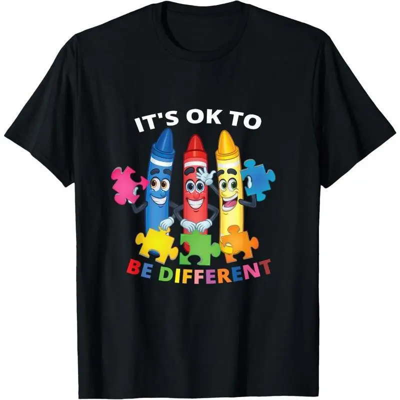 Women's 100% Cotton Crew Neck Graphic Crewneck Autism Awareness T-Shirt - It's Ok To Be Different, Be Unique, Black, Daily Wear, Easy Care, All Over Print, Retro, All Seasons, Short Sleeve Tops, Relaxed Fit, Breathable Fabric, Everyday, Piece,Comfortable.