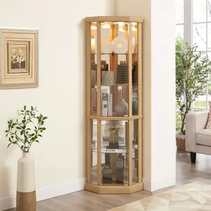 Light Oak Corner Curio Cabinet - Glass Display Case with Built-In Lighting, Perfect for Antique Collections, Wine Storage or Home Decor