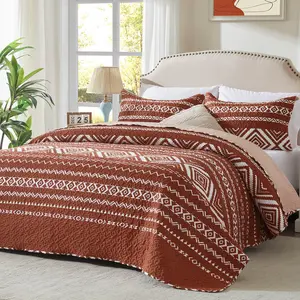 3-Piece Quilt Set - Full, Queen, King Size Checkered Pattern Bedspread Coverlet Set with 2 Pillow Shams - Orange, Green Bedding Set
