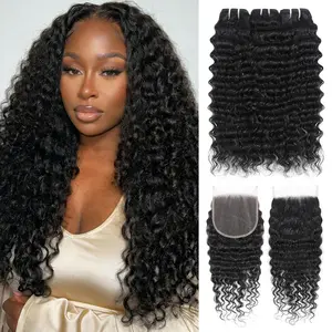 Deep Wave Bundles with Closure (20" 22" 24"+18") Deep Curly 3 Bundles and 5x5 HD Lace Closure 12A Wet and Wavy Brazilian Unprocessed Human Hair Extensions Double Weft Quick Weave Bundle