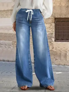 [Plus Size] Solid Color Basic Denim Wide Leg Jeans Pants, Casual Comfy Jeans for Daily Wear, Women's Bottoms for All Seasons