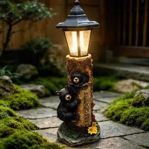 19 Inch Resin Bear Family Tree Statue with Solar Light, Brown/Black Outdoor Welcome Sign Garden Decor for Yard, Lawn, Patio, Porch, Cabin, Art Deco Sculpture, Multiple Color Options, Black/Brown Color Options, Resin Material, Art Deco Style