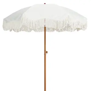AMMSUN 6.5ft Boho Outdoor Umbrella with Tassel Fringe Beach Umbrella UPF50+ Picnic Umbrella Patio Steel Pole Push Button Tilt Lightweight Canopy White