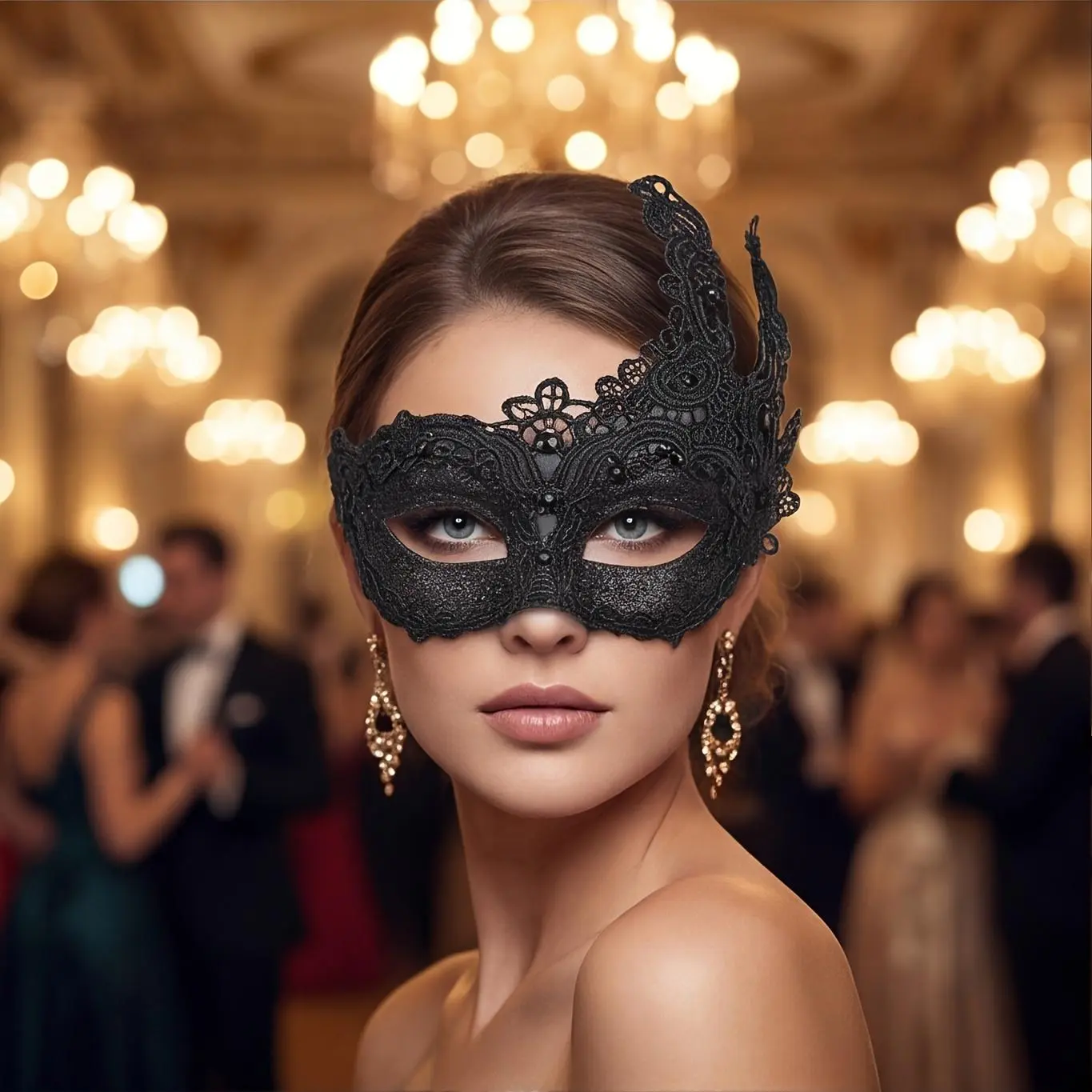 Women's Black Lace Sequin Venetian Masquerade Half Face Mask - Rhinestone Accent, Gothic Look Festive Party Accessory for Prom, Masquerade Ball