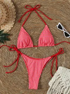 Women's Plaid Print Set, Bikini Swimwear, Swimsuit Style Bikini, Casual Swim Top & Swim Bottom, Ladies Swimsuit for Beach Holiday Vacation
