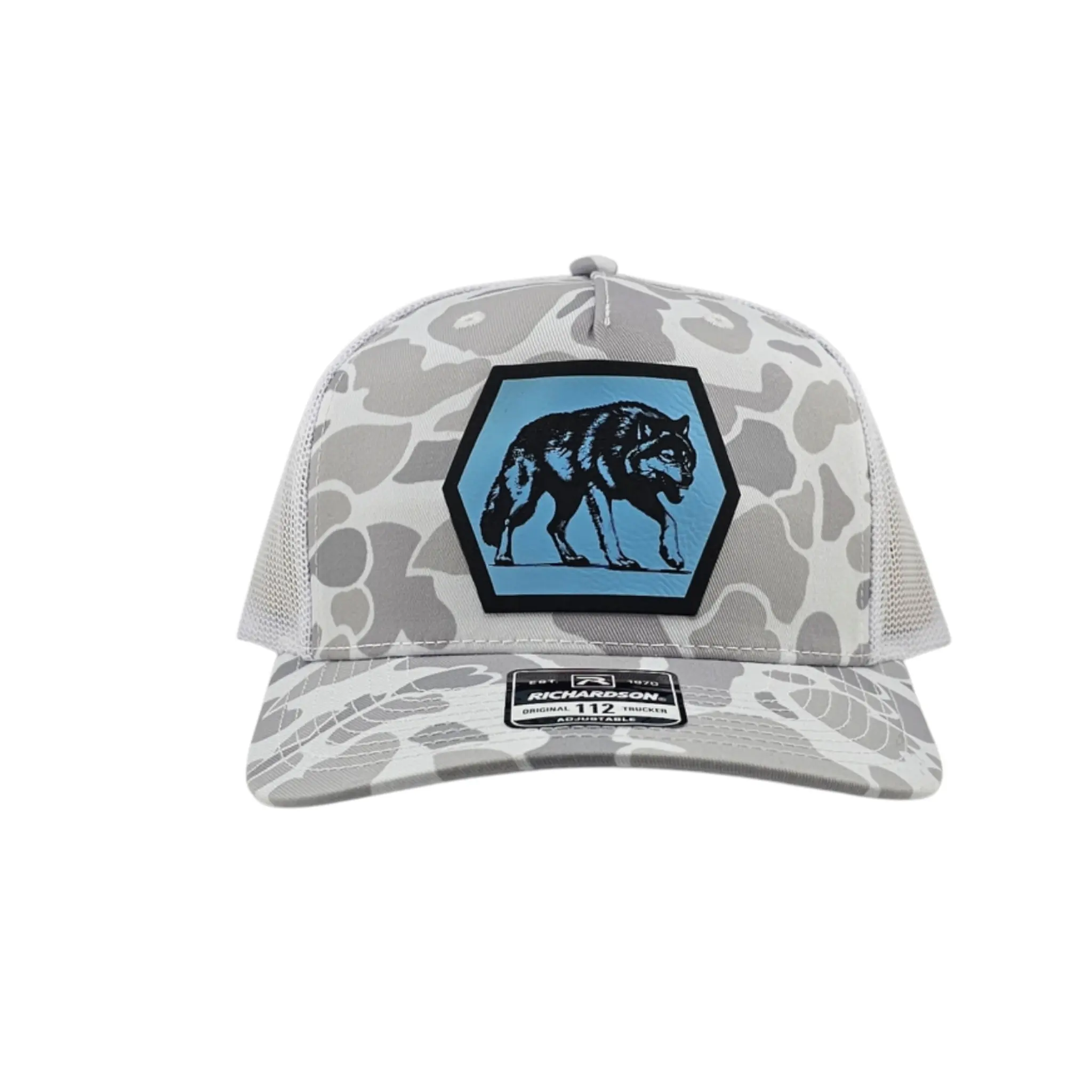 Wolf Richardson 112PFP Duck Camo Snapback Trucker Hat with Engraved Leatherette Patch & Adjustable Closure for Comfort