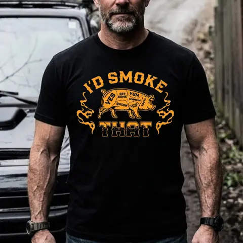 Id Smoke That Shirt Funny BBQ Pitmaster T-Shirt Pork Butcher Chart Smoking Meat Graphic Tee Outdoor Grilling Dad Gift Mens Black T-Shirt