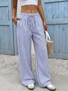 Women’s striped wide-leg pants with a drapey feel, drawstring elastic waistband, and practical side pockets; skin-friendly fabric; versatile for home and commuting; new summer casual pants.