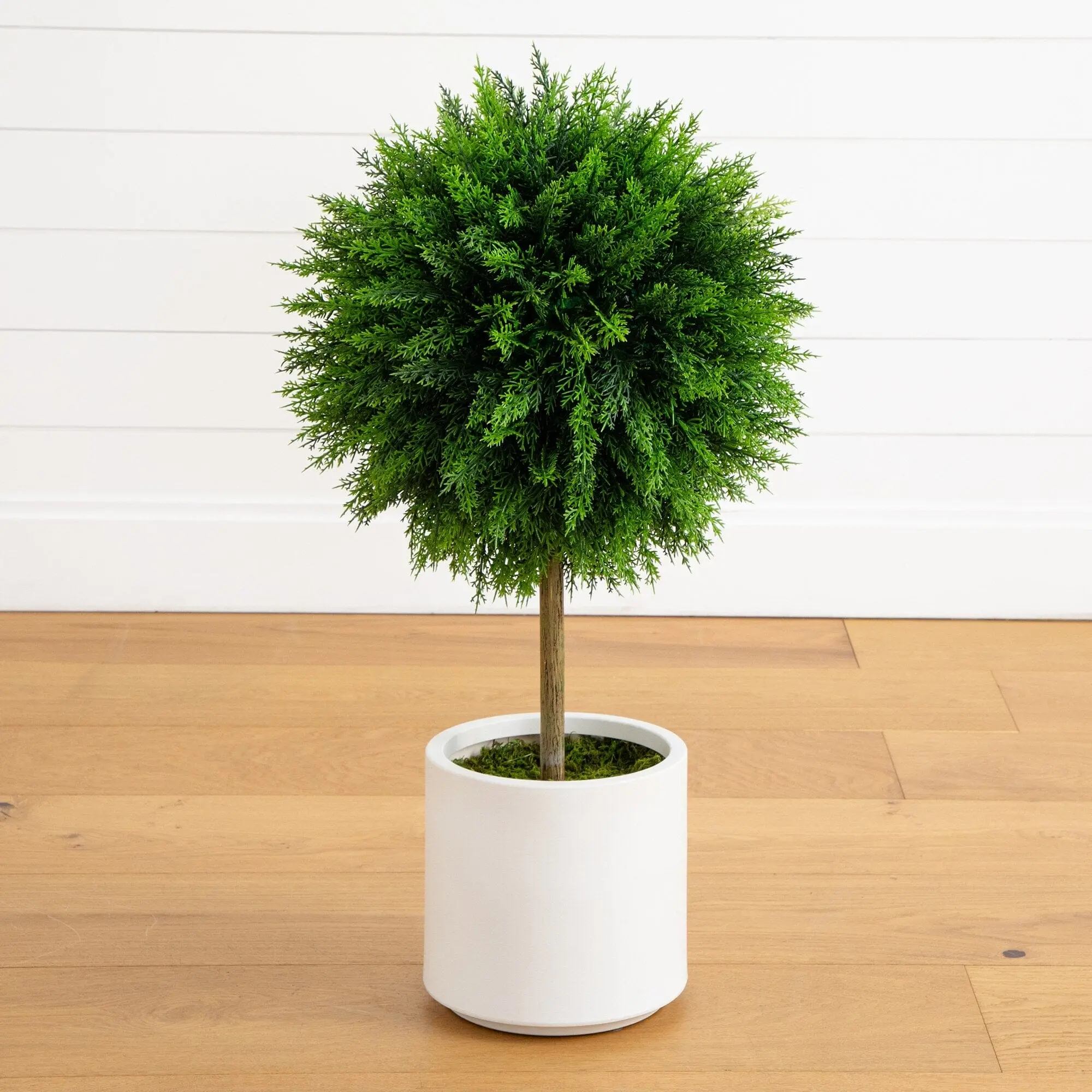 2.5-ft Synthetic UV-Resistant Artificial Cedar Ball Topiary Tree with Outdoor Artificial Flowers, White Decorative Planter Included - Realistic Faux Plant, Plant Decor for Balcony, Outdoors