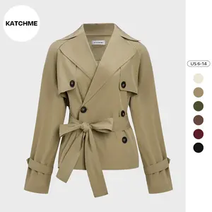 KatchMe Women's Commuter Notch Lapel Double Breasted Detachable Belt Trench Coat, Fall & Winter Plain Wrap Tie Waist Outerwear Jacket, Elegant Trench Coat
