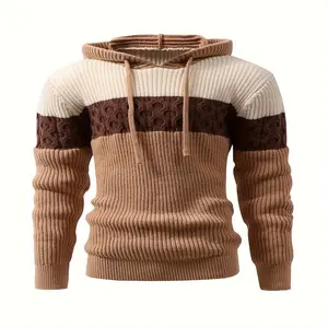 Men's Knitted Hoodie Sweater: Soft Polyester Blend, Chunky Cable Knit, and Color Block Design for Casual Wear