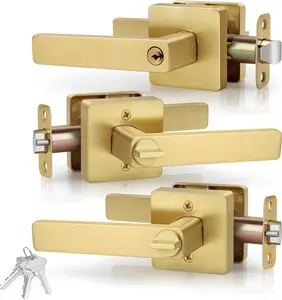 Brushed  Keyed Entry Square Door Lever, 3 Pack Wholesale Keyed-Alike Heavy Duty Interior Door Lever, Reversible Door Lever for Bedroom Bathroom, Satin Brass