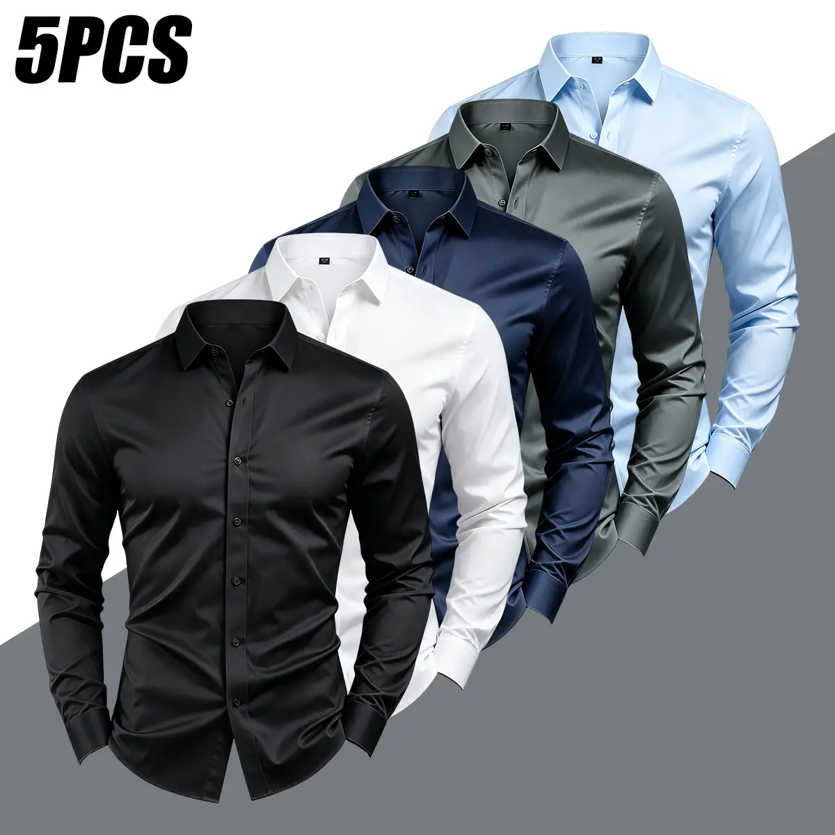 JOGWAVE 5PCS Men’s Slim Cut Polyester Blend Dress Shirts - Full Sleeves, Wrinkle-Resistant, No-Iron, 4-Way Stretch, Silky, Skin-Friendly, Turn-Down Collar, Button Front, Male Clothing, Business Wear, Formal Top