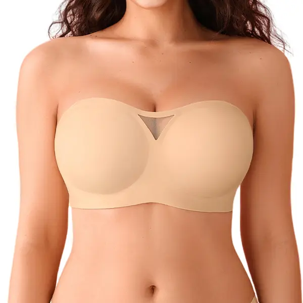 Deangelmon Strapless Bra for Women, Seamless Wireless Bandeau Bra with Anti-Slip Silicone, Breathable Mesh Padded Tube Push Bra with Clear & Adjustable Strap Womenswear Minimalist