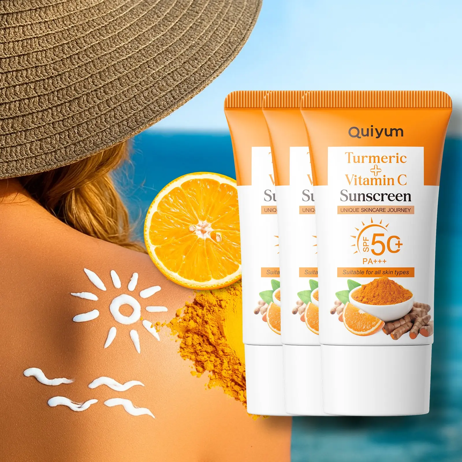 Quiyum Turmeric Vitamin C Sunscreen,SPF50+/PA+++,Lightweight Non-Greasy Sun Protection for Daily Use