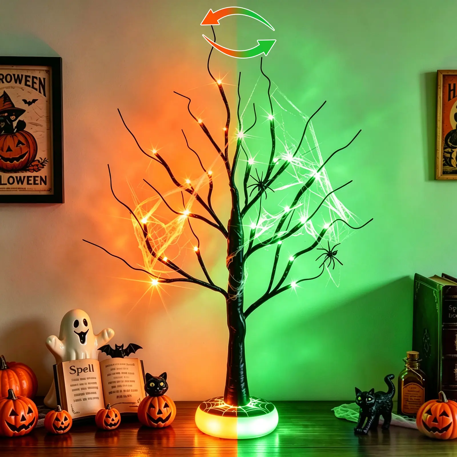 EAMBRITE Halloween Tree Halloween Decorations Indoor Lighted Black Spooky Tree Lamp | 2Ft Tree with Orange & Green LED Lights with Spider & Web USB Powered Timer Table Centerpieces for Home Room Decor