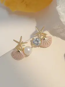 Asymmetrical Starfish and Shell Earrings Featuring Imitation Pearls and Cz Sparkles, Sparkling Ear Jewelry, Perfect for Beach Parties, Multi-Element Decor with Crystals and Pearls, Ideal Gift for Girlfriend