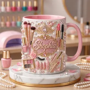 Rhinestone Beauty Mug 2D Printed 3D Effect Glam Coffee Cup, Personalized Name Gift for Makeup Artist Esthetician Nail Tech, Premium Ceramic Mug for Beauty Professionals, Birthday Appreciation Gift Idea for Her Friends Mom Dad Coworker