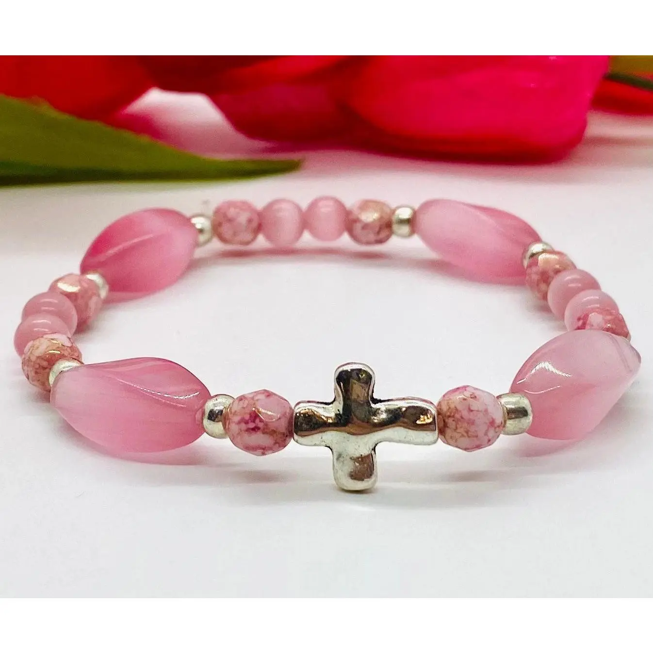Pink Sideways Cross Beaded Bracelet