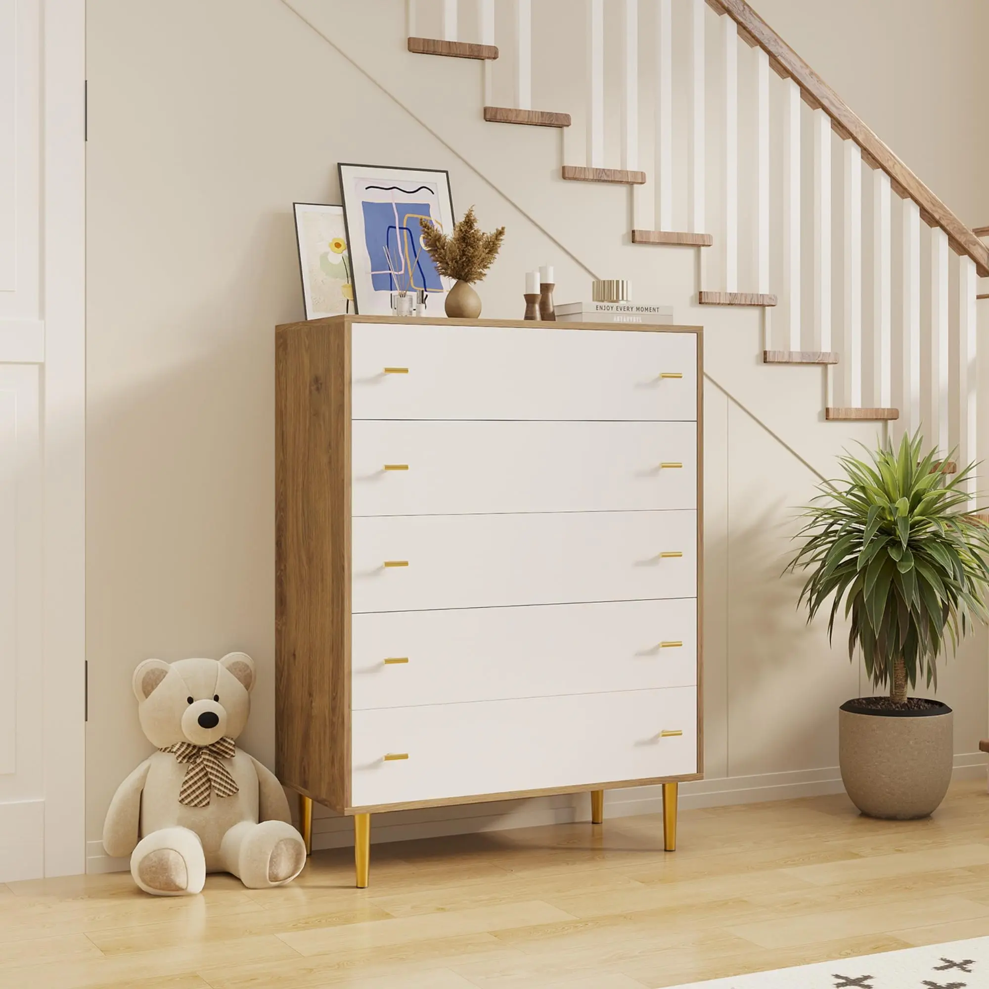 Garvee Farmhouse 44-Inch Tall Dresser with 5 Large Drawers and Bar Handles, Rustic Wood Chest of Drawers in Pine and White, Ideal for Bedroom, Living Room, Hallway, and Entryway with Drawer Organizer