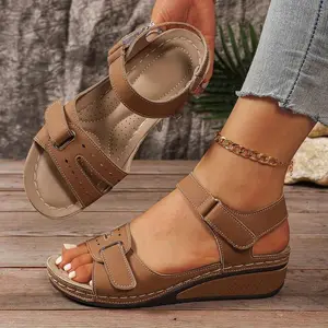 [Beige Wedge Sandals] Comfortable Women's Beige Wedge Sandals| Open Toe Platform Shoes With Adjustable Ankle Strap, Perforated Design For Breathability, Casual Summer Fashion, Strappy Sandals