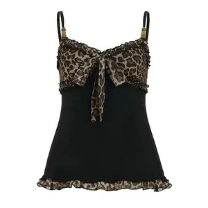 2000s American Vintage Sexy Leopard Camis Harajuku Slim Lace Patchwork Tanks Summer Streetwear Beach Party Sleeveless Tops