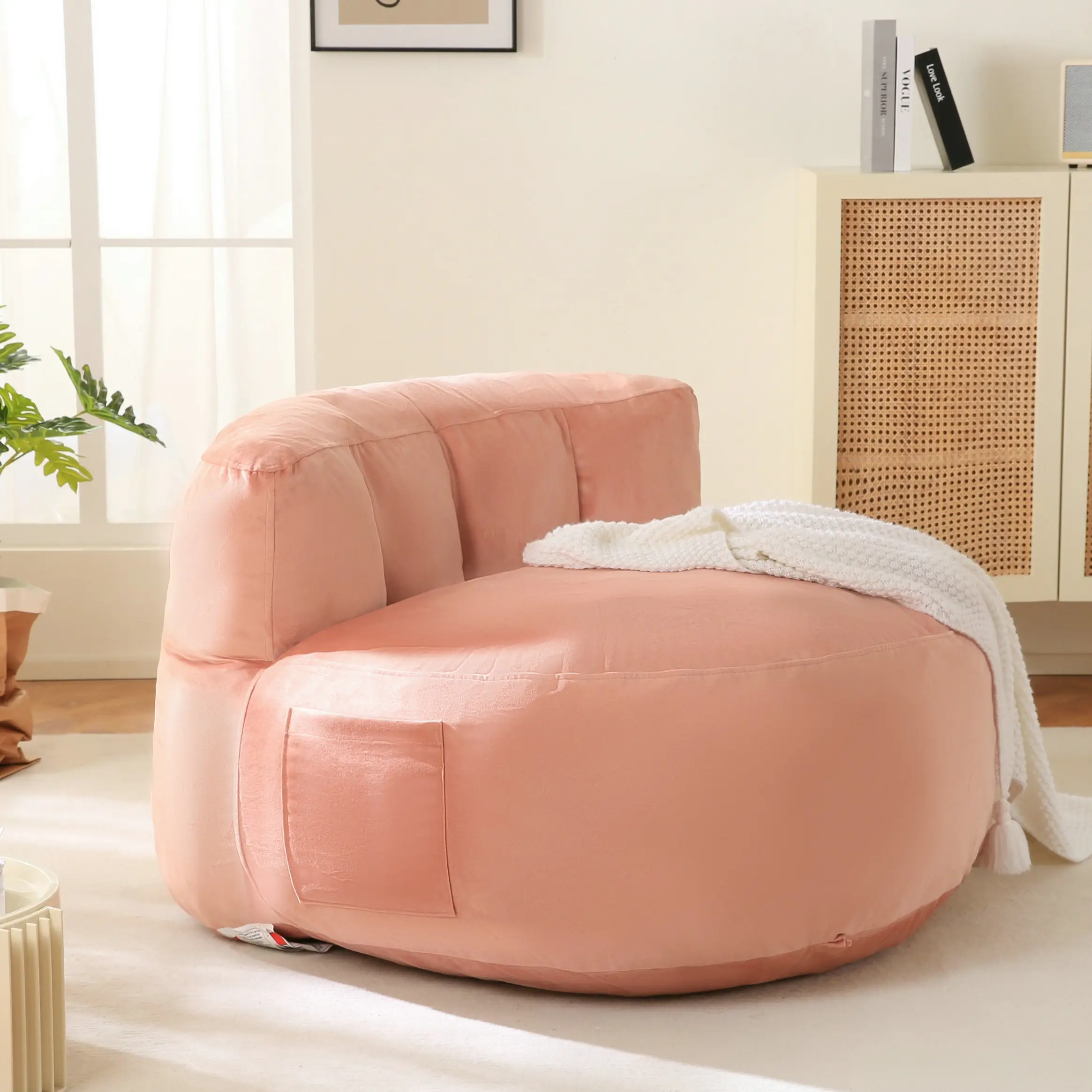 DOWNCOOL Oversized Velvet Bean Bag Chair for All Ages , Lazy Sofa Chair with Memory-Foam Filled, Single Round Accent Chair with Side Pocket and handle