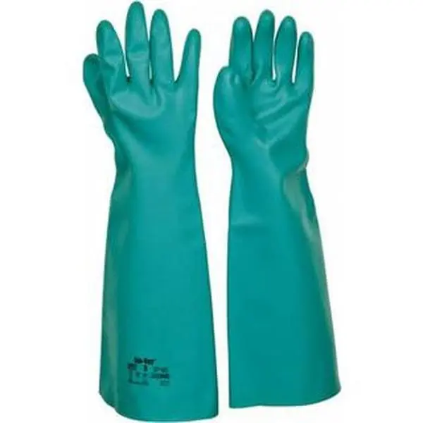 Ansell Size L (9), 18" Long, 22 mil Thick, Nitrile Chemical Resistant Gloves Textured Finish, Straight Cuff, ANSI Abrasion Level 5, ANSI Cut Level 0, Green, FDA Approved 37-185-9, Long Cleaning Gloves, Chemical Cleaning Gloves