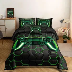 Gaming Bedding Set for Boys 5 Count Comforter Set H50021 with  Gaming Geometric Design, Black and Green Microfiber