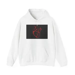 Gildan Unisex Heavy Blend Hoodie Cotton Fabric White with Red Heart Graphic Drawstring Kangaroo Pocket Classic Fit