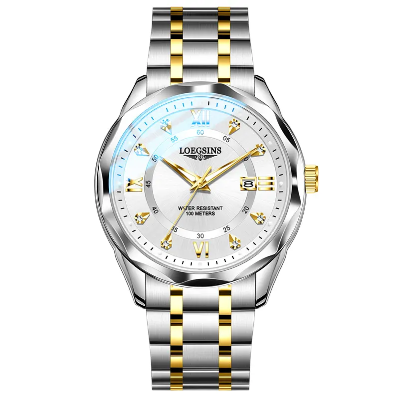 LOEGSINS Men’s Luxury Genuine Automatic Analog Watch, 40mm Stainless Steel Case, Stainless Steel Butterfly Clasp Band, Blue Dial, Luminous Display, Waterproof 50M - 100M, Date Display, 24-Month Warranty, Steel Band