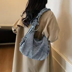 Large Capacity Denim Shoulder Bag with Drawstring Detail, Lightweight Slouchy Everyday Bag for Work, School & Travel