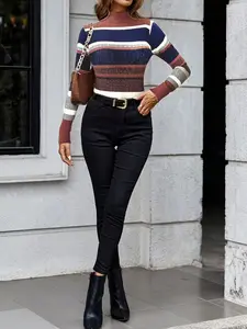 High Neck Colorblock Striped Casual Comfortable Warm Pullover Sweater, Spring Summer Elegant Style, Women's Fashion Apparel