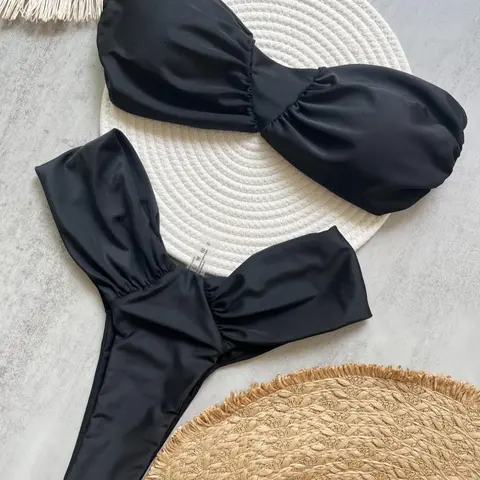 Women's Solid Ruched, Strapless Bandeau Bikini, Bikinis Sets, Casual Strapless Swim Top & Swim Bottom Two-piece Swimsuit for Beach Holiday Vacation, Ladies Swimwear for All Seasons