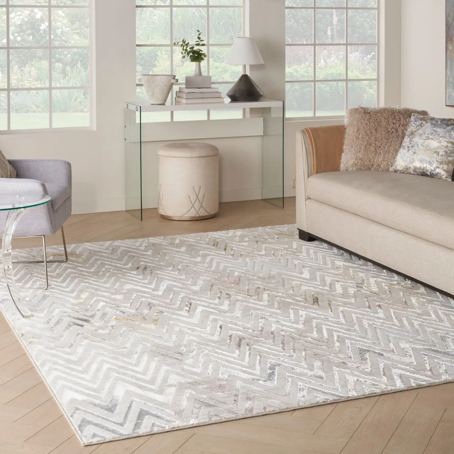 Nourison Glam Contemporary Chevron Print Polyester Yarn Elegant Rug - Household Decorative Piece for Living Room, Versatile Home Decor Addition