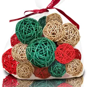 Qingbei Rina Christmas Wicker Rattan Balls,Xmas Decorative Balls for Bowls,Vase Filler for Centerpieces,Decorative Orbs Woven Spheres,Winter Holiday Bowl Fillers for Home Decor,20 PCS (Red Green Gold)