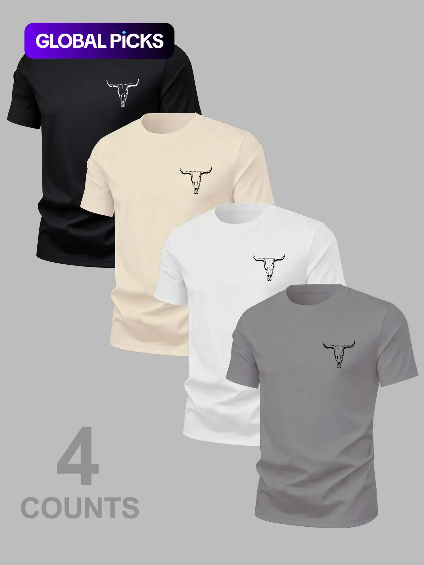 Men's Versatile Fitted Graphic Bull Head Animal Print T-Shirt 4 Pack Set, Summer Classic Casual Comfortable Round Neck Short Sleeve Top for Outdoor Wear, Long Tee Menswear