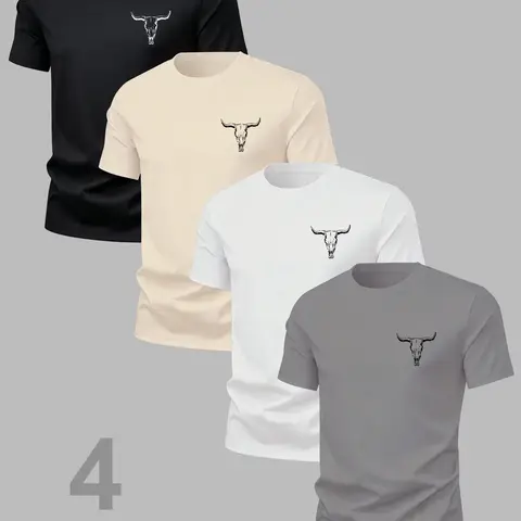 Men's Versatile Fitted Graphic Bull Head Animal Print Casual Printed T-Shirt 4 Pack Set, Summer Classic Casual Comfortable Round Neck Short Sleeve Top for Outdoor Wear Tee Menswear